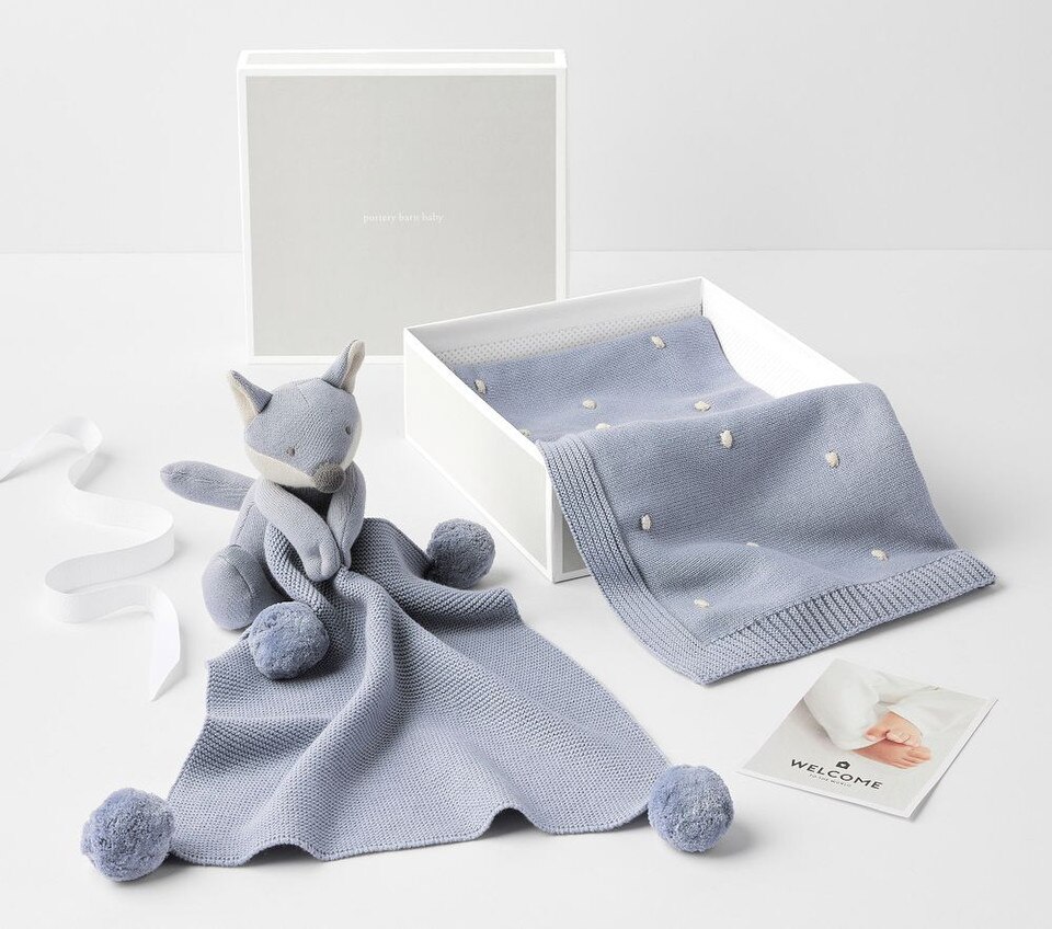 Cotton Sweater Knit Baby Blanket and Fox Thumbie Set