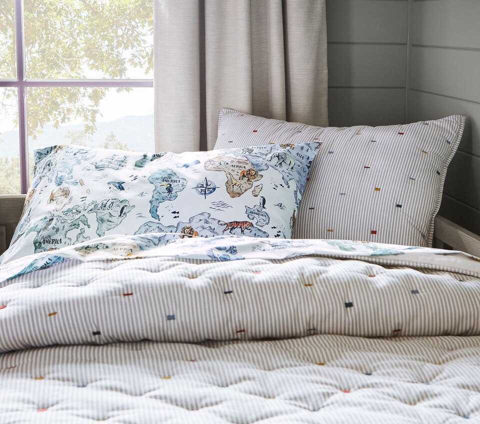 Embroidered Stripe Lightweight Bedspread & Pillowcases
