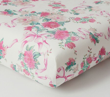 LoveShackFancy Cabbage Rose Bow Organic Cot Fitted Sheet Pottery
